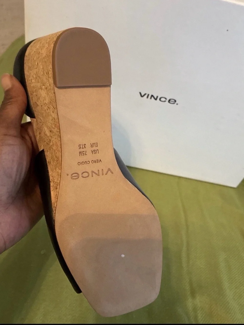 Vince Black Leather Open-Toe Cork Platform Slingback